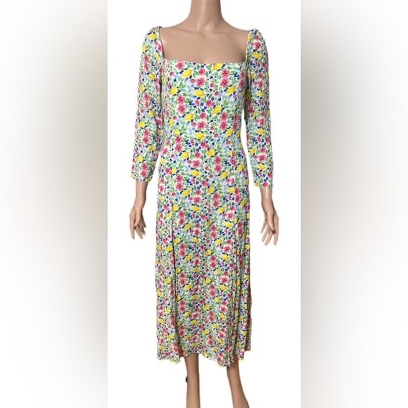 The Native One Dress M Floral Lemons Midi Square Neck Long Sleeve Smocked Back - Picture 2 of 9